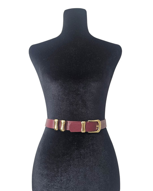 Elegant Burgundy Leather Belt with Gold Accents - 32799