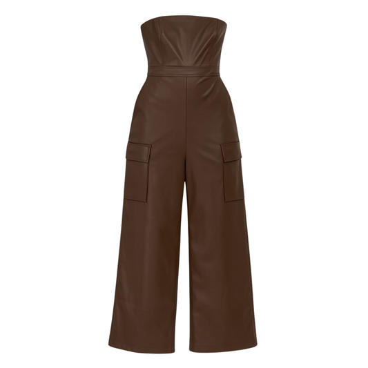 Jumpsuit straple café chocolate efecto cuero