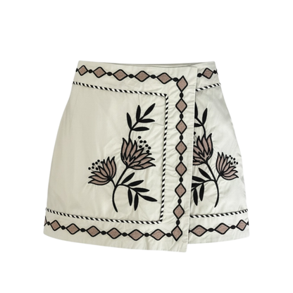 Set camisa y falda corta beige bordado flor kaki-café  - 30238