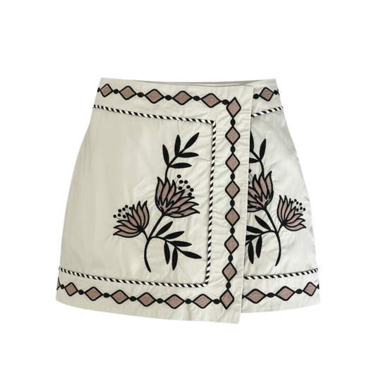 Set camisa y falda corta beige bordado flor kaki-café  - 30238