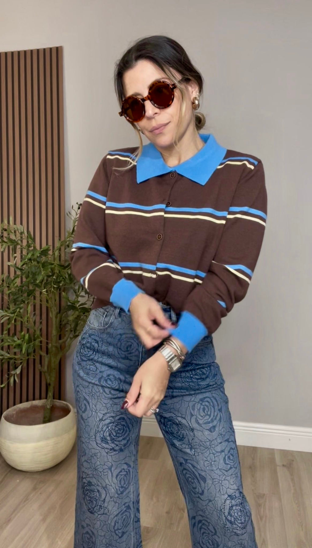 Retro Stripe Knit Polo Sweater - 32337