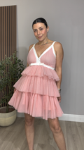 Blush Pink Tiered Tulle Mini Dress with White Trim - 33371