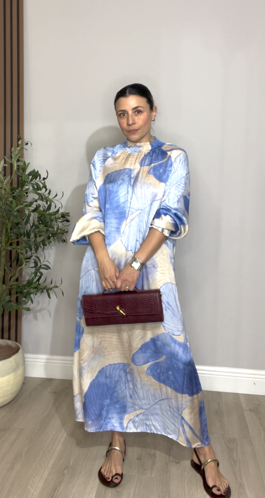 Blue & Beige Abstract Print Midi Dress - 33380