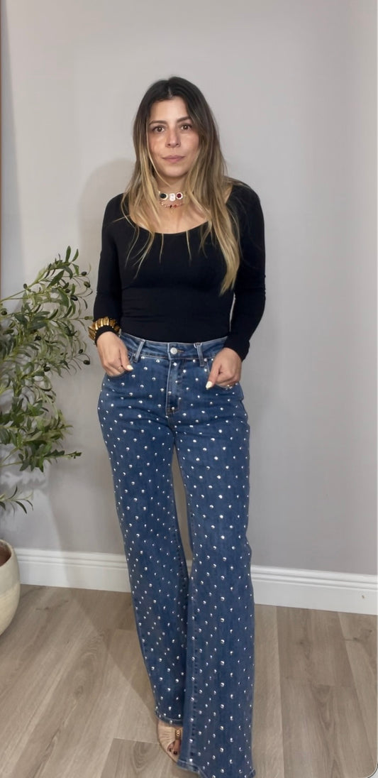 High-Waisted Blue Wide-Leg Jeans with Stud Details - 32033