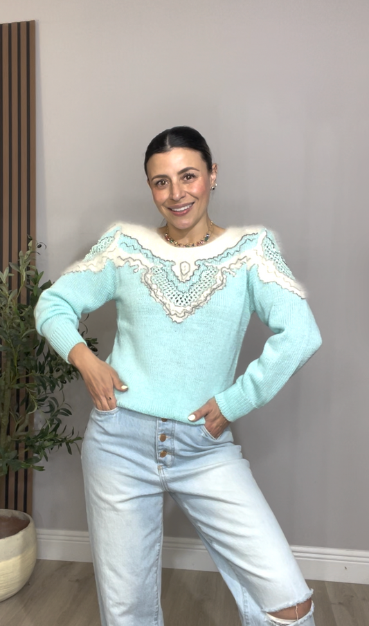 Mint Knit Sweater with Lace Detail - 33215