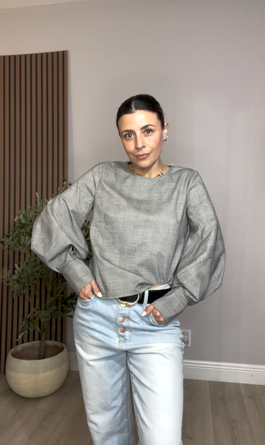 Gray Plaid Puff Sleeve Blouse -  33248