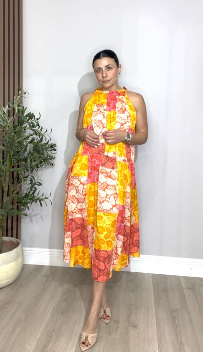 Colorful Patchwork Halter Midi Dress - 33243