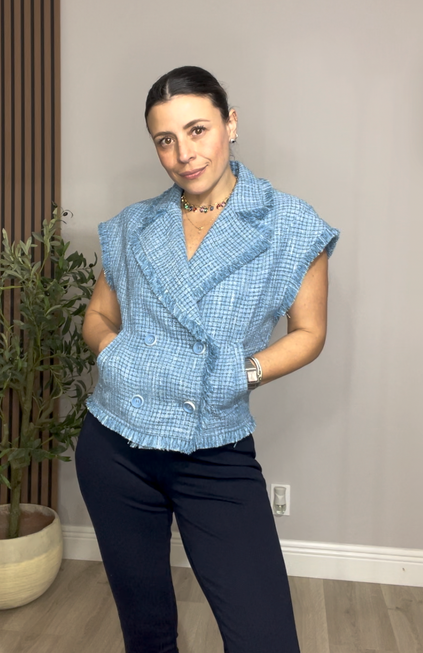 Sleeveless Tweed Double-Breasted Vest – Light Blue - 33328