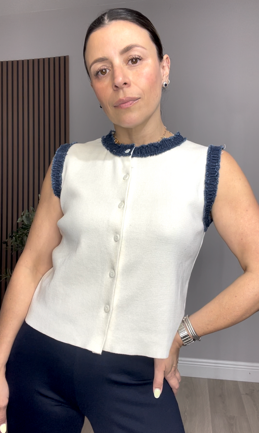 Sleeveless Ivory Knit Top with Denim-Trim Details- 33372