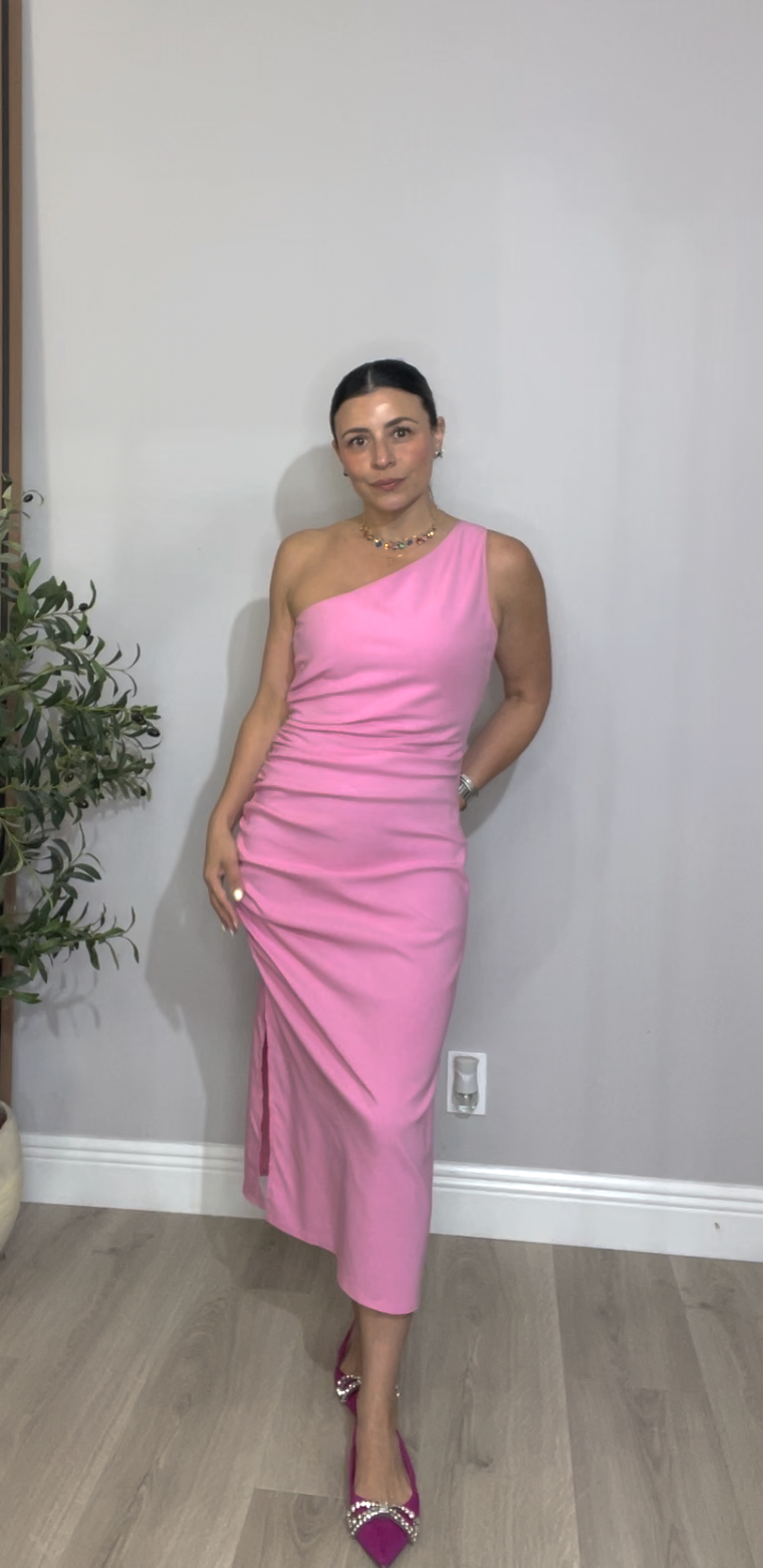 Pink One-Shoulder Ruched Midi Dress - 33383