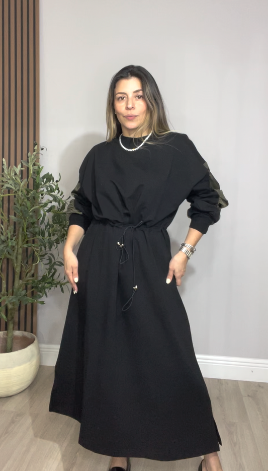 Contrast Sleeve Midi Dress – Black & Olive - 33352