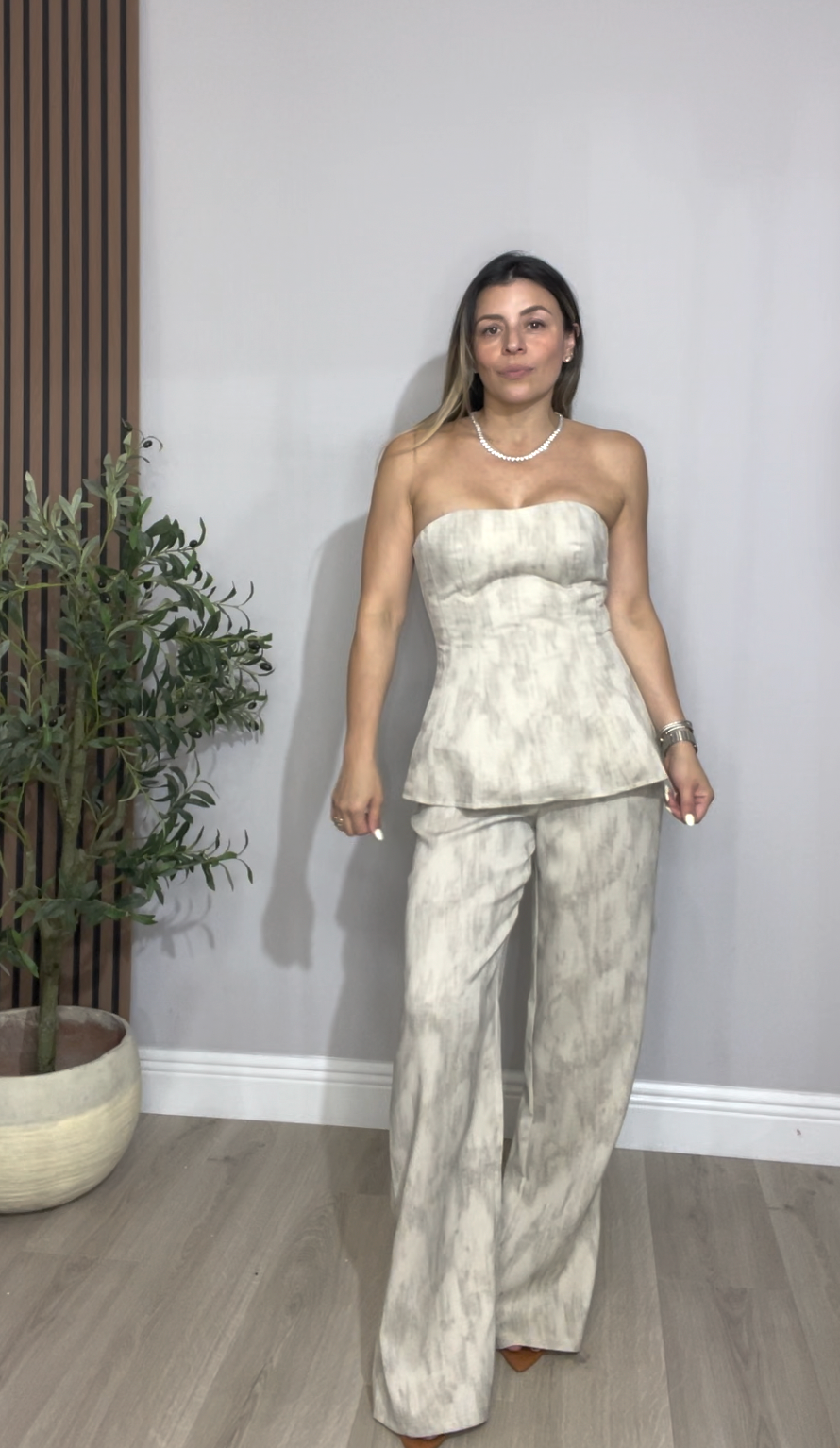 Strapless Textured Two-Piece Set – Taupe & Ivory -  33445