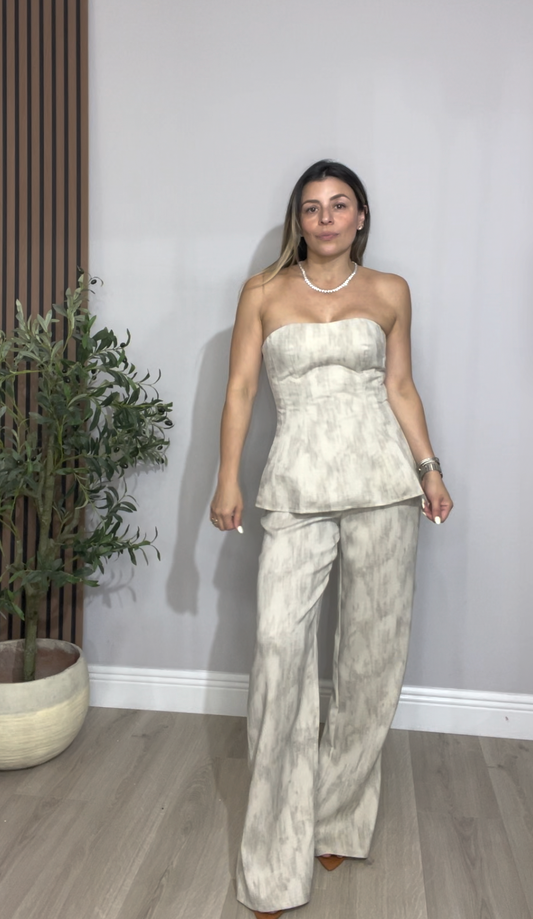 Strapless Textured Two-Piece Set – Taupe & Ivory -  33445