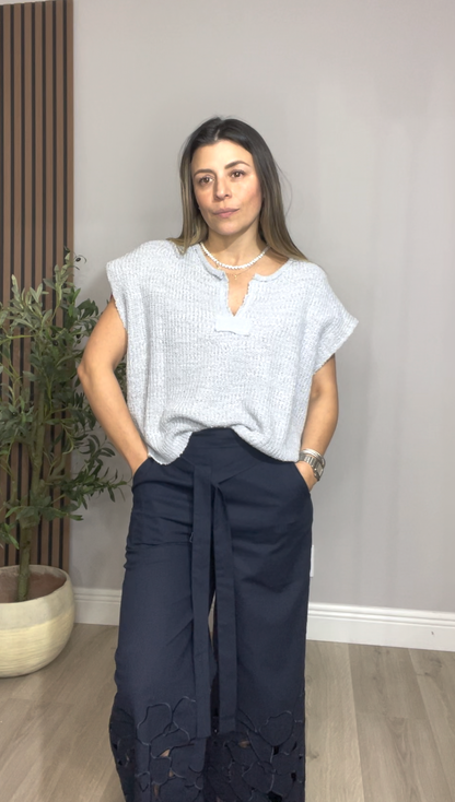 Textured Split-Neck Blouse – Light Gray - 33427