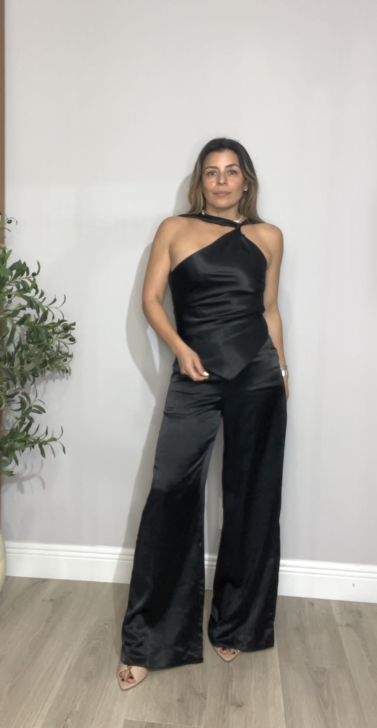 One-Shoulder Satin Jumpsuit – Black - 33442