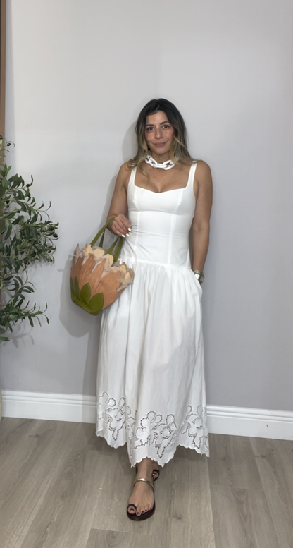 White Midi Dress with Embroidered Hem - 32472
