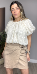 Beige Wrap Mini Skirt with Side Tie - 33335