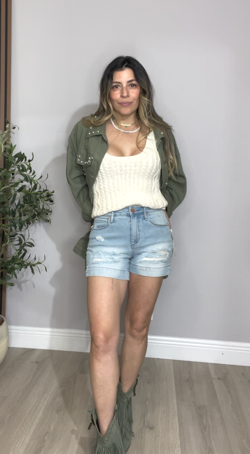 Light Wash High-Waist Distressed Denim Shorts - 33336