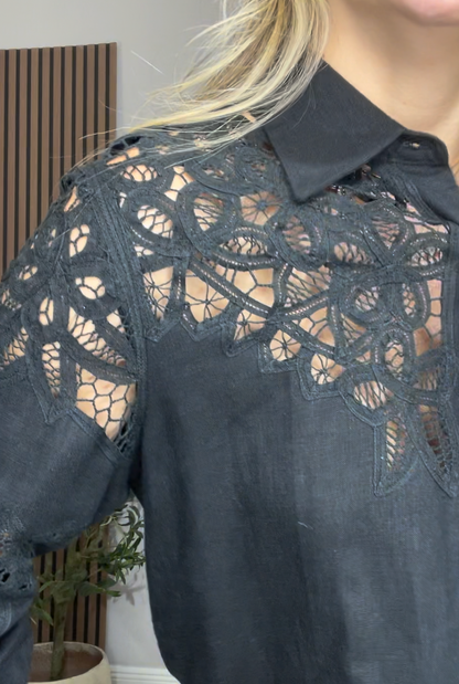 Black Lace Detail Button-Down Shirt -  33289