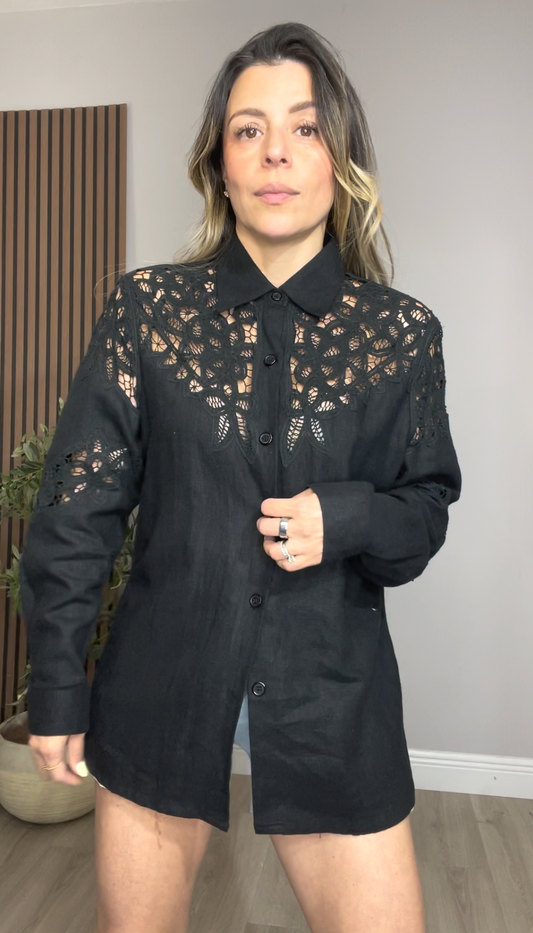 Black Lace Detail Button-Down Shirt -  33289