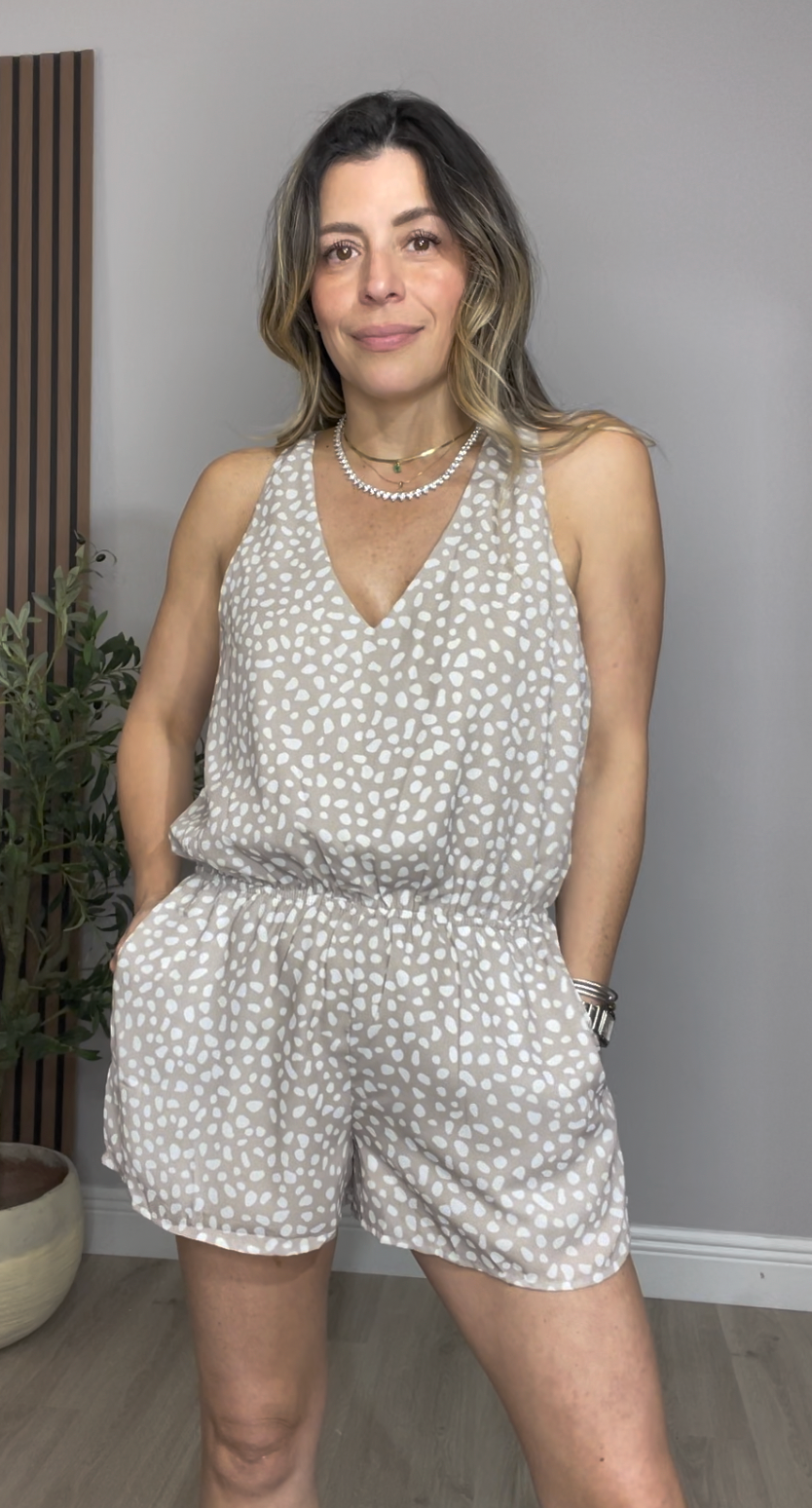 Beige Polka Dot Sleeveless Romper - 33305