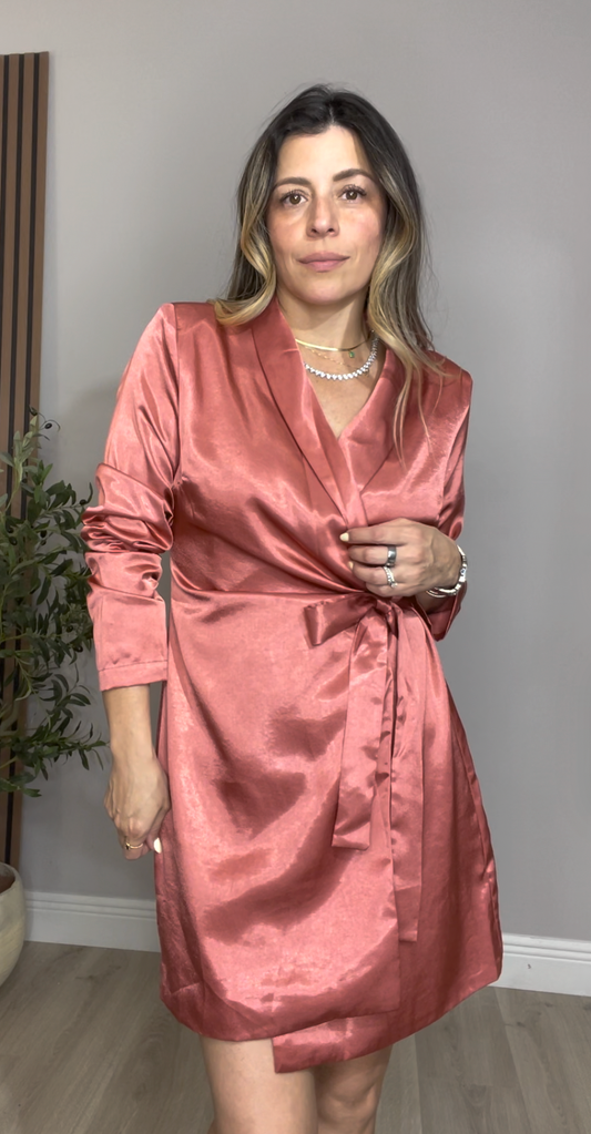Satin Wrap Mini Dress in Rose Gold - 33308