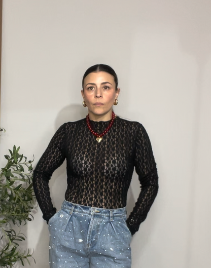 Black Sheer Lace Long Sleeve Top - 32175