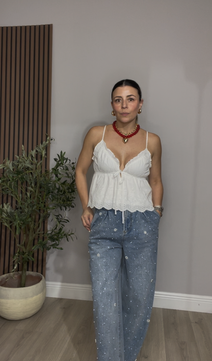 White Eyelet Lace Tie-Front Camisole Top - 33273