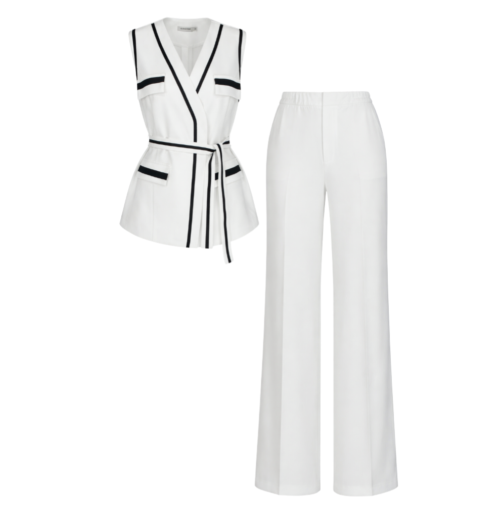 White Vest & Pants Set with Navy Trim - 29018
