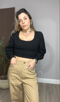 Black Cropped Long-Sleeve Blouse - 32972