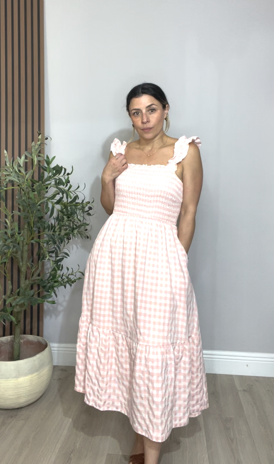 Pink Gingham Smocked Midi Dress - 33526