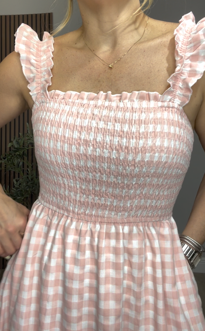 Pink Gingham Smocked Midi Dress - 33526