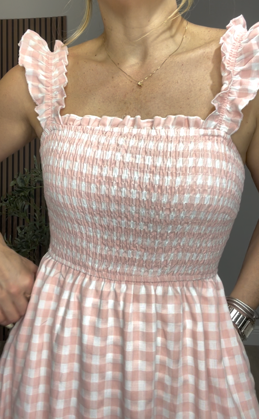 Pink Gingham Smocked Midi Dress - 33526