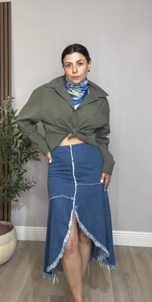Asymmetrical Frayed Denim Midi Skirt - 33598