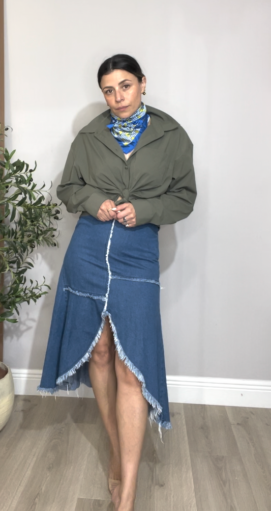 Asymmetrical Frayed Denim Midi Skirt - 33598
