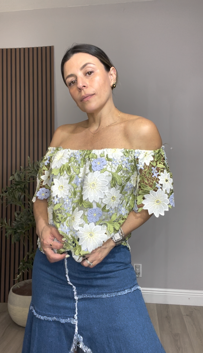 Floral Embroidered Off-Shoulder Lace Blouse - 33522