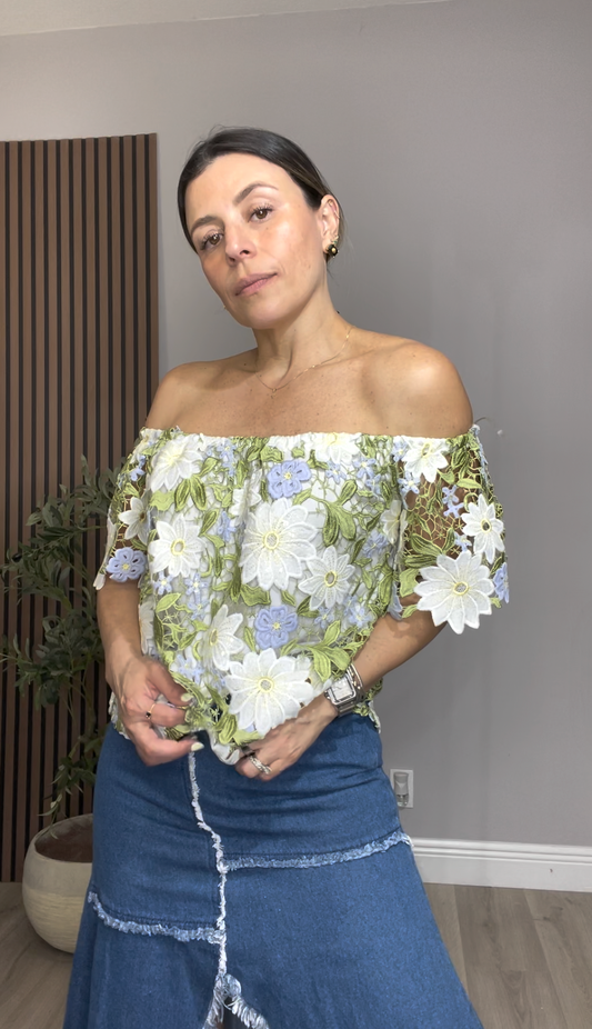Floral Embroidered Off-Shoulder Lace Blouse - 33522