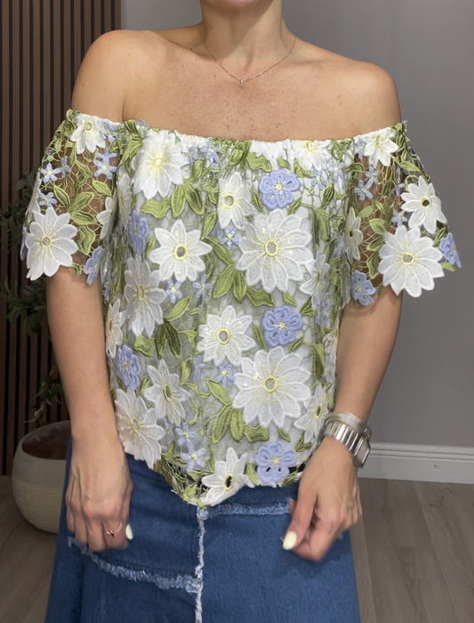 Floral Embroidered Off-Shoulder Lace Blouse - 33522