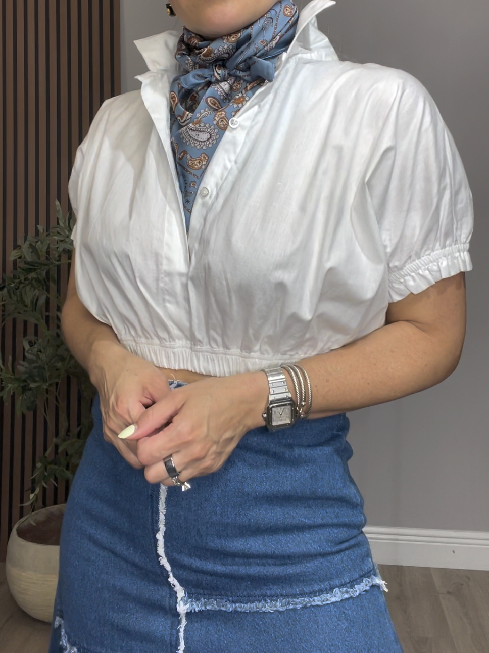 White Cropped Puff Sleeve Blouse - 33532