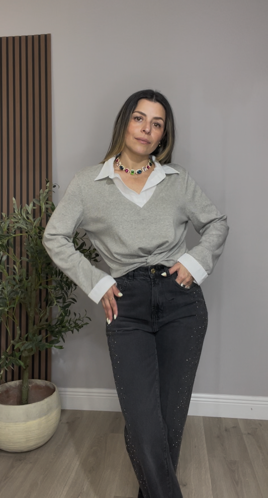 Layered V-Neck Sweater - 33514