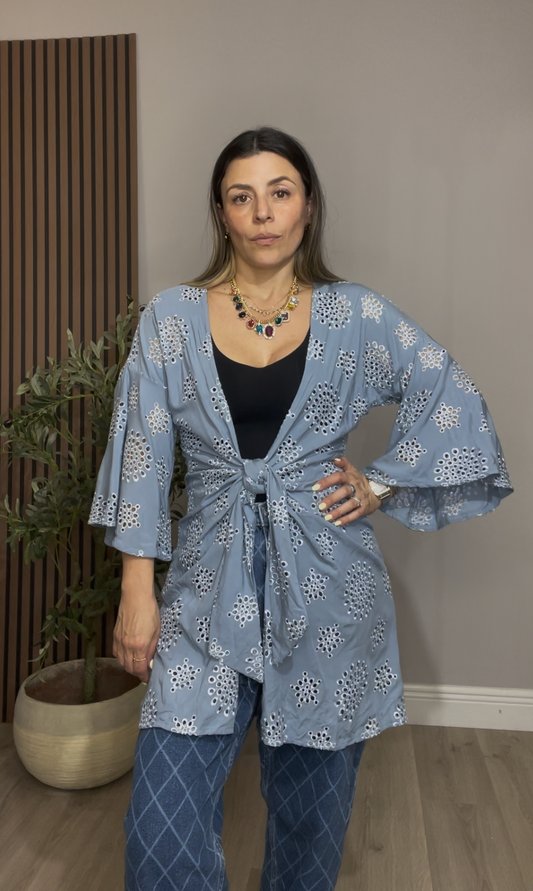 Light Blue Eyelet Tie-Front Kimono - 33509