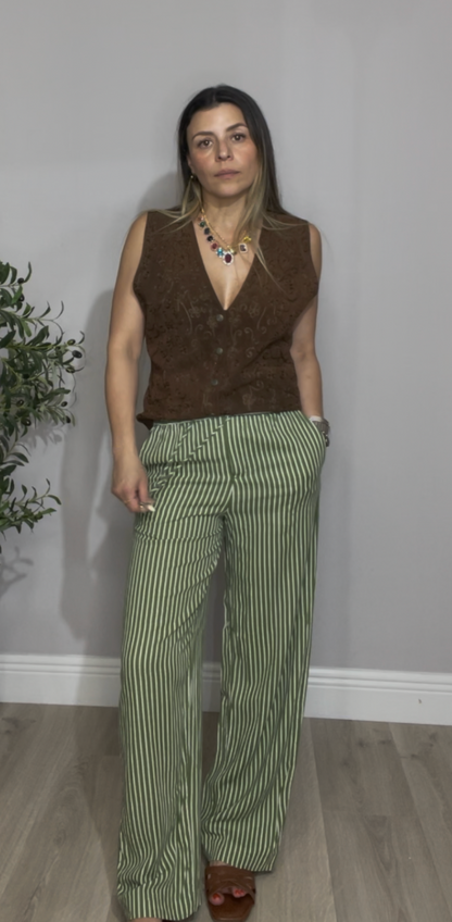 Green &amp; White Striped Wide-Leg Pants - 33489