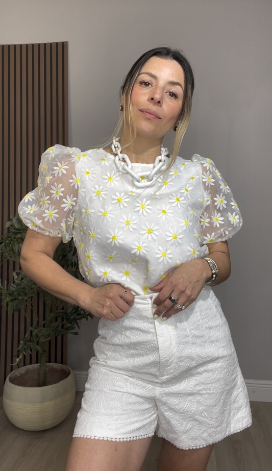 Sheer Daisy Puff Sleeve Blouse - 33533