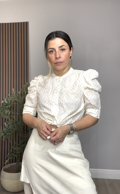 Ivory Puff Sleeve Metallic Detail Blouse - 33534