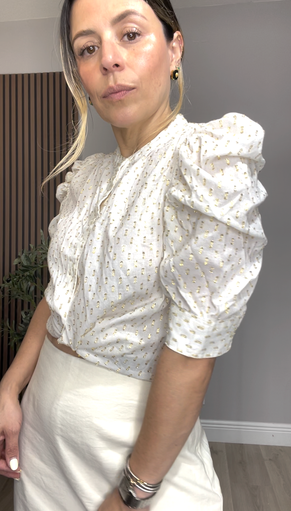 Ivory Puff Sleeve Metallic Detail Blouse - 33534