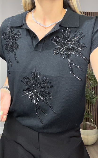 Sequin Palm Embellished Knit Polo Top - 33669