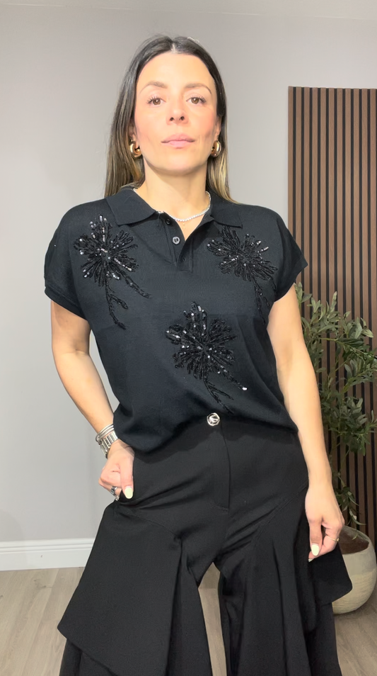 Sequin Palm Embellished Knit Polo Top - 33669