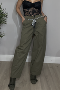 Olive Wide-Leg Pants with Braided Belt Detail - 33655