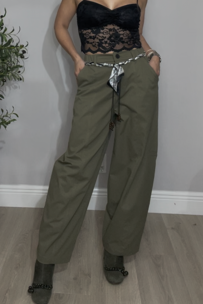 Olive Wide-Leg Pants with Braided Belt Detail - 33655
