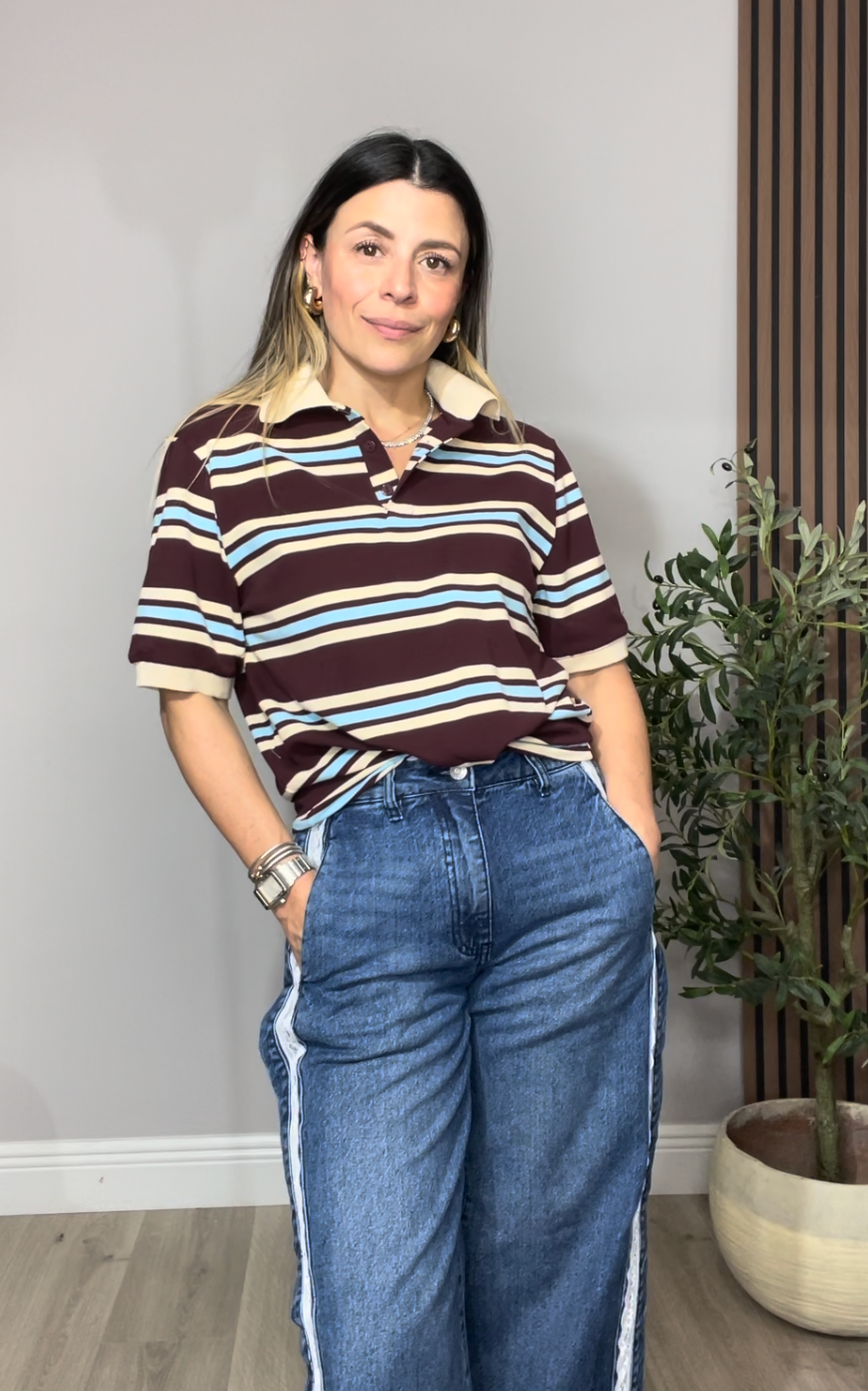 Striped Knit Polo Top - 33359